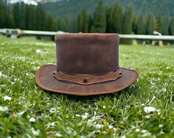 Sombrero de copa Steampunk, 100% cuero auténtico, estilo occidental, banda antigua, sombrero victoriano clásico