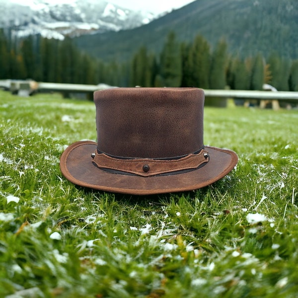 Steampunk Top Hat 100% Real Leather Western Style Antique Stud Band Classic Victorian Hat