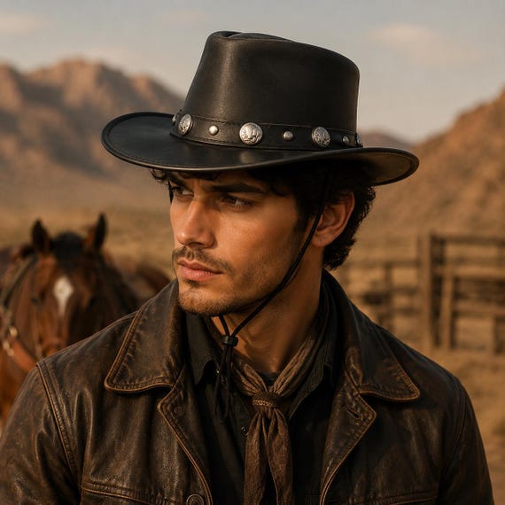 Black & Brown Genuine cowhide Leather Cowboy Hat Buffalo Nickel Conchos Unisex Western Hat