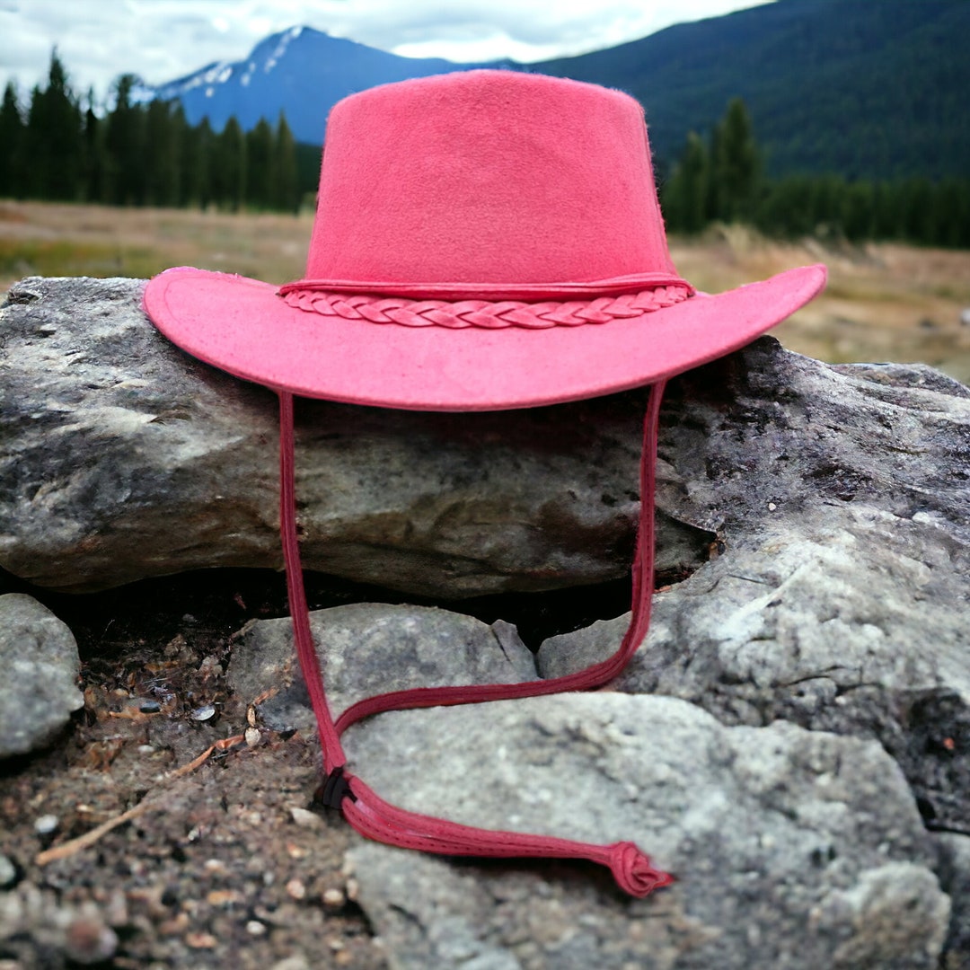 Women's Pink Amara Leather Foldable Cowboy Hat Outback Australian Style Cowgirl Party Hat