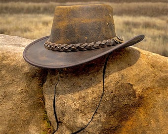 Distress Genuine Leather Outback Cowboy Hat Men Women outfit Australian Western Vintage Style