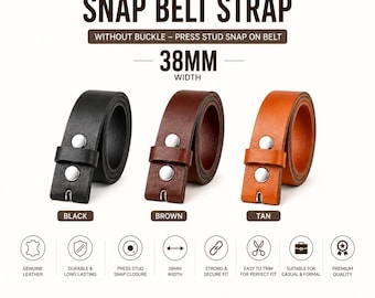 Genuine Leather Snap-On Belt Strap 38mm Wide Interchangeable Buckles without Buckle