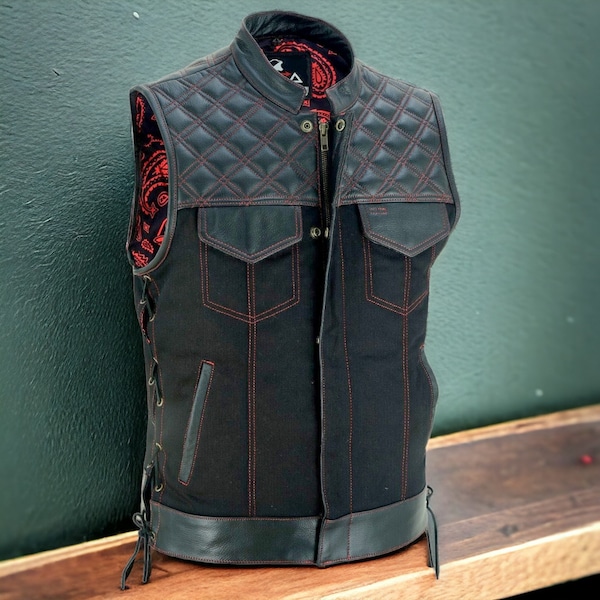 Biker Club  100% GENUINE Cowhide Leather Men's Waistcoat Style Black Denim with Red Diamond Stitching Cut Off