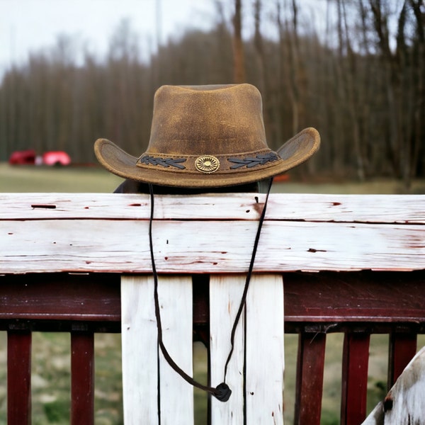 Chapeau de cowboy en cuir marron style western australien antique Crazy Horse Hiver