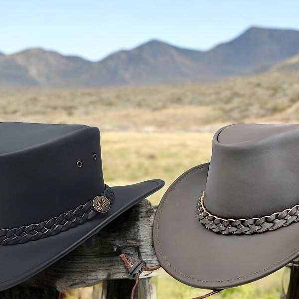 Real Leather Black Brown Australian Western Cowboy Hat Braided Band Style With Removeable Chinstraps