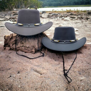 100% Real Leather Cowboy Outback Bush Black Brown Australian Western Hat White & Gold Bone Bead band Style