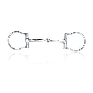 May include: A silver horse bit with a loose ring on each end. The bit is made of metal and has a smooth finish.