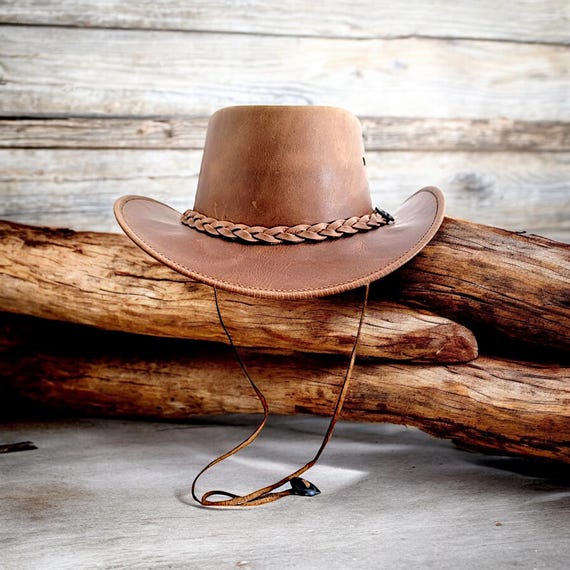 Men 100 Real Leather Brown Cowboy Hat Women Australian Western Outback Cowgirl Hat Braided Band Removable Chinstrap Etsy Canada