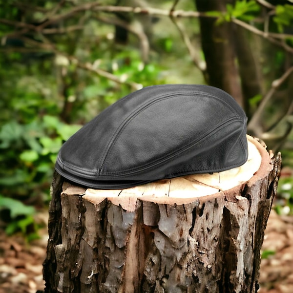 Mens Vintage Retro Black Leather Flat Cap main image 0