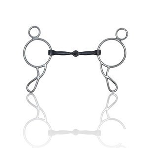 May include: A silver horse bit with a black mouthpiece and two round rings on each side. The bit has a unique design with a curved shape on each side.
