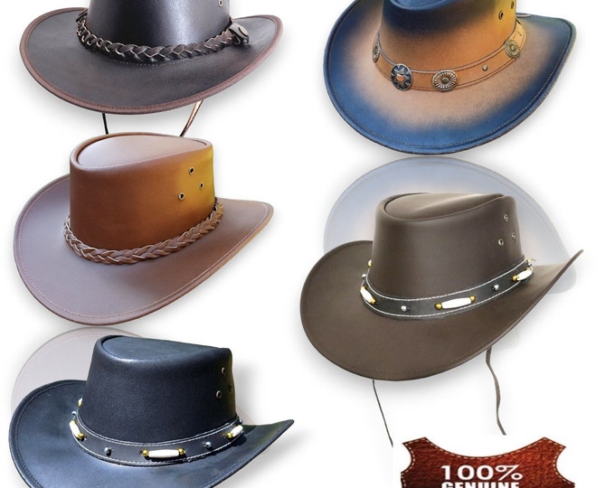 Cowboy Bush Multiple style Hat 100% real Leather with Australian Western Style Free Chin Straps and Braided Band with Studs