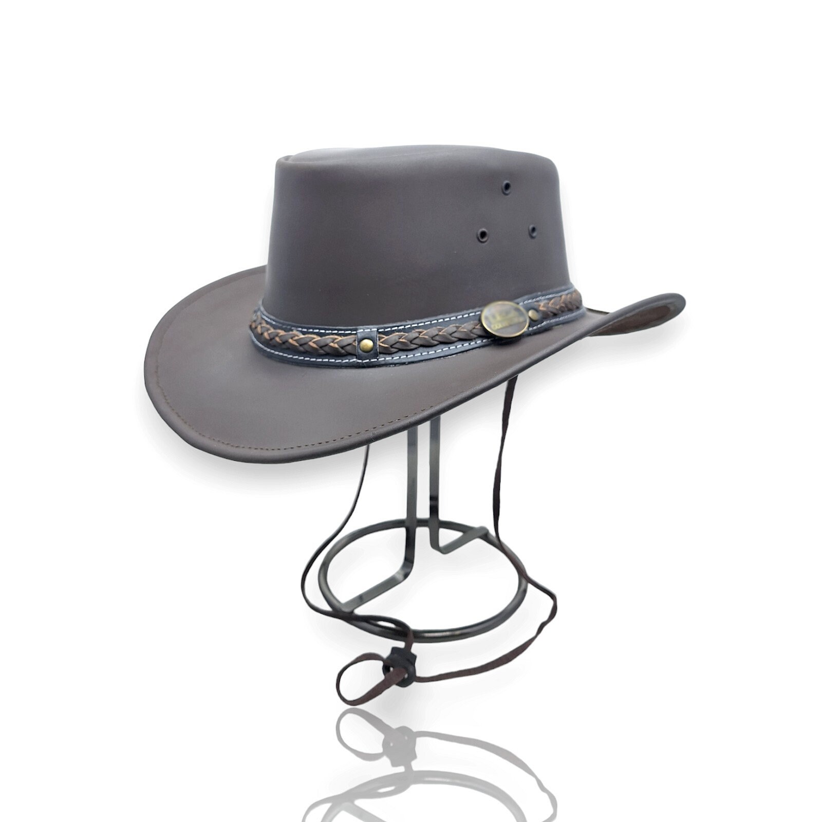 Chapeau Western En Cuir Véritable MDream - Marron Uni - Bandeau 3/4 - Taille Unique Réglable