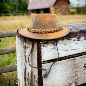 unisex Australian Western Style Leather Brown Cowboy Hat for Men & Women Winter Autumn Summer Winter Braided