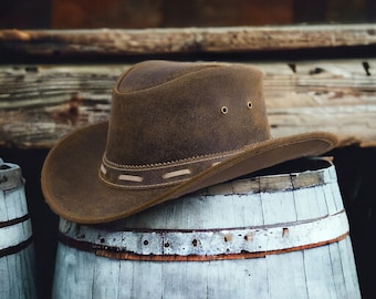 Niños 100% cuero vintage vaquero marrón traje sombrero australiano occidental estilo antiguo