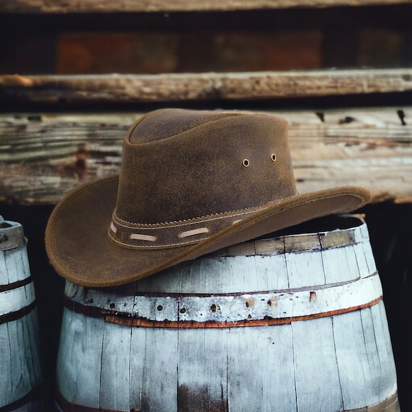 Kids 100% Leather vintage Cowboy Brown outfit Hat Australian Western Antique Style