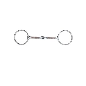 May include: A silver horse bit with a copper roller on the mouthpiece. The bit has two round rings at either end.