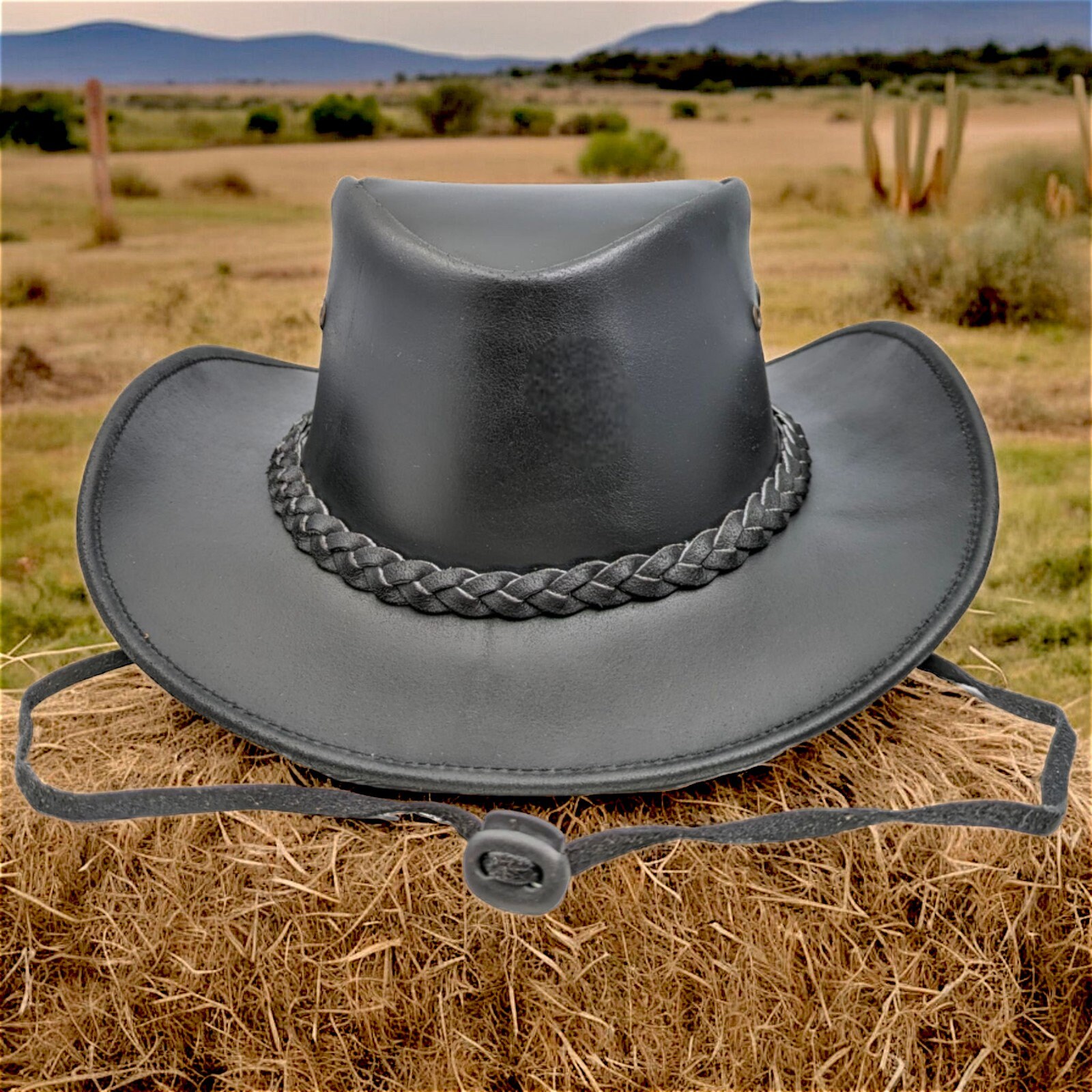 Chapeau Cowboy En Cuir Véritable Infinity Leather - Style Australien Outback - Bord Façonnable