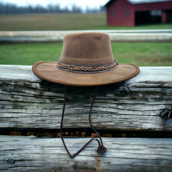 Brown Real Leather Full grain finished Australian Western Outback Style Cowboy free Chin strap unisex