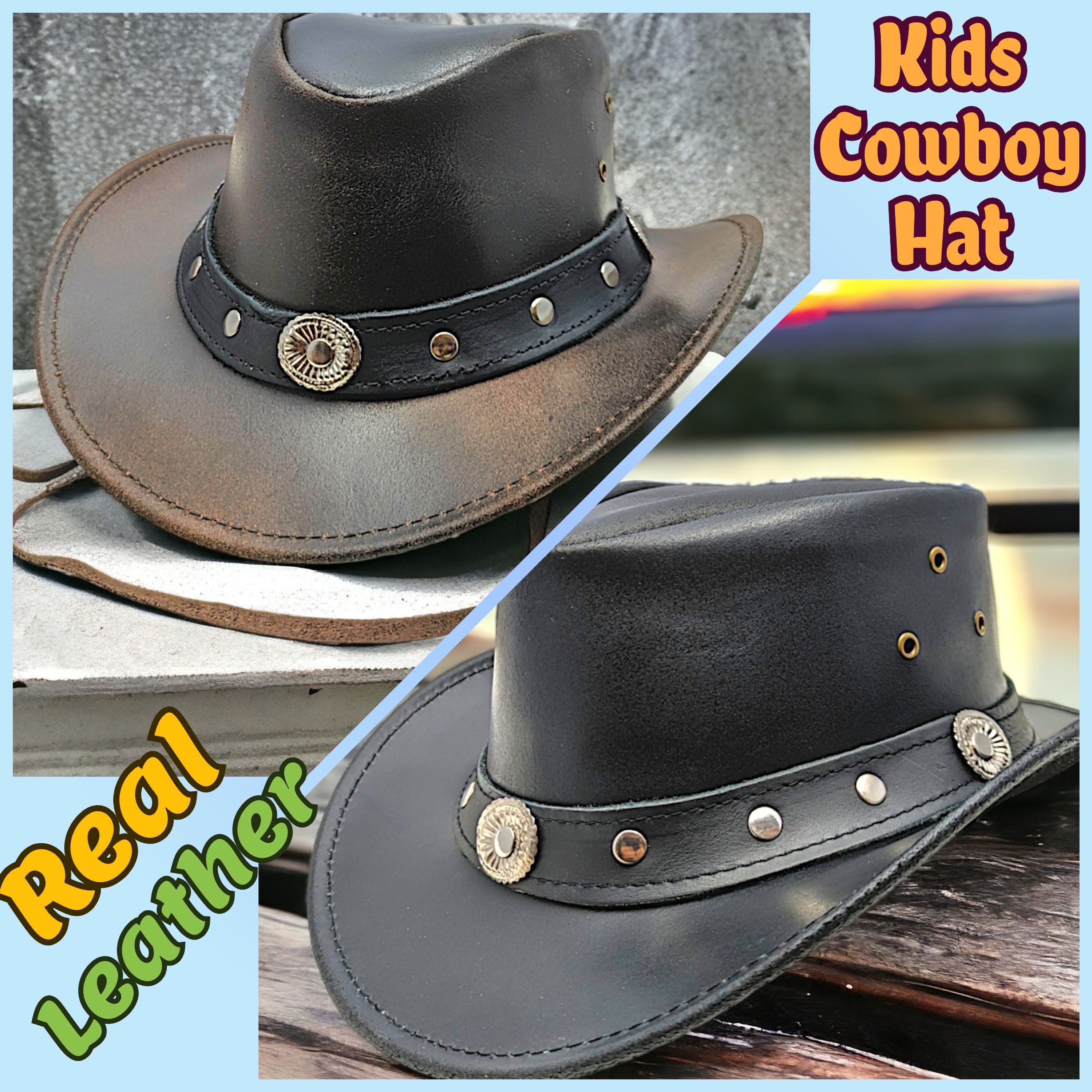 Black Brown Kids Cowboy Hat 100 Real Leather Australian Western Style Children Cowgirl Hat With Antique Concho and Free Chinstrap Etsy