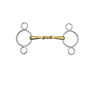 May include: A horse bit featuring a gold-coloured central section and silver-coloured rings. The bit has a jointed mouthpiece, designed for a horse's mouth to aid control during riding or training. The rings are circular with a smaller ring attached.