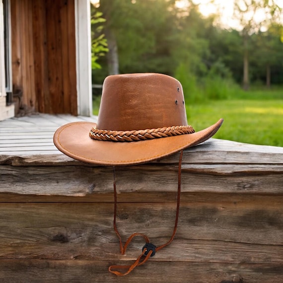 Tan brown 100% Real Leather Outback Cowboy Hat Australian Western Style with Braided band