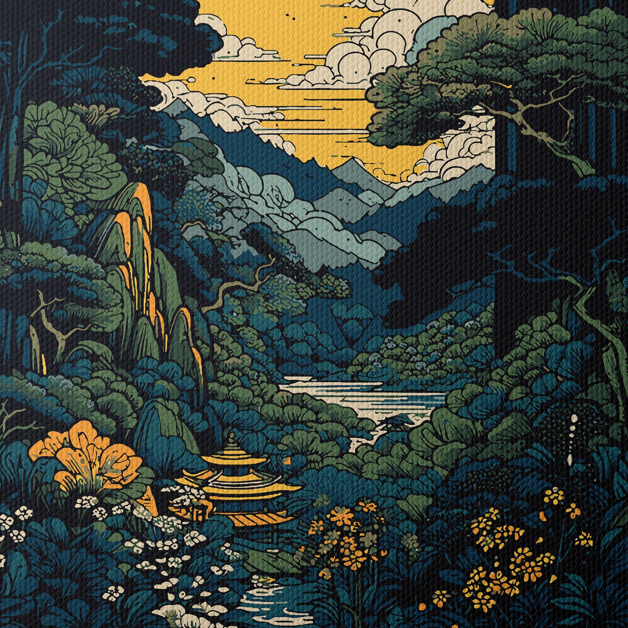 Ukiyo-e Print Art: Hokusai-inspired Tranquil Japanese Garden