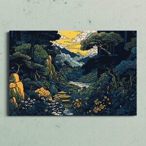 Hokusai-Inspired Japanese Garden Canvas Print: Ukiyo-e Wall Art