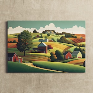 Landscape Canvas Art - Grant Wood Inspired, Early American Art, Neutral Canvas, American Folk Art - Premium Quality