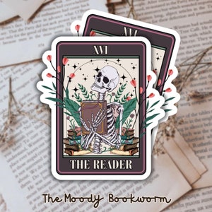 The Reader Tarot Card Sticker | Bookish Gifts | Kindle Sticker | Die Cut Sticker | Book Lover | BookTok Reading | Skeleton Sticker