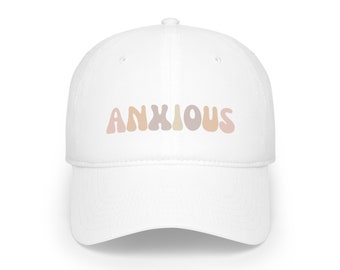 Groovy Lettered Anxious Anxiety Trendy Aesthetic Neutrals Low Profile Baseball Cap - White and Khaki