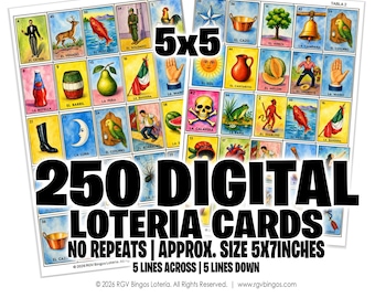 250 Modern Watercolor Loteria Cards, No Repeats (Digital Download)