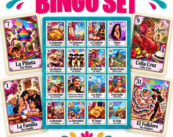 Celebrate Hispanic heritage, culture, traditions, music, food, and iconic figures with this colorful Lotería set!