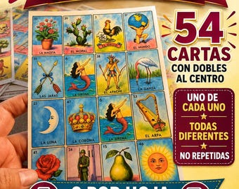 54 Cards DOUBLES in the Middle Modern Lotería Cards – Digital Download - NO Repeats!