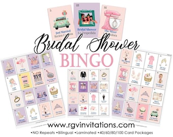 Printed Bilingual Bridal Shower Bingo with Calling Cards, NO REPEATS!!!