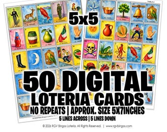 50 Printable Modern Mexican Loteria Cards, All Different (Digital Download) 5LINESX5LINES