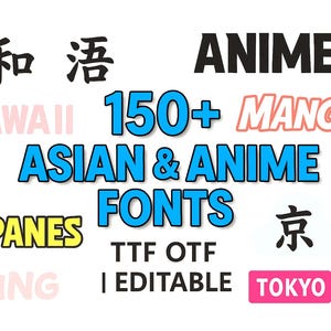 Op de afbeelding: Een afbeelding met de woorden "ASIAN & ANIME FONTS" in blauw, samen met andere woorden zoals "ANIME", "MANGA" en "TOKYO". De afbeelding bevat ook Japanse karakters en de tekst "150+."