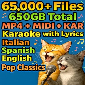 以下が含まれることがあります： 「65,000+ファイル、650GB合計、MP4 + MIDI + KAR、歌詞付きカラオケ、イタリア語、スペイン語、英語、ポップクラシック」と書かれた青い背景。2匹の漫画の猫がマイクに向かって歌っています。
