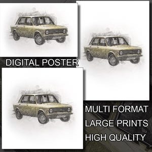 Großes Poster in verschiedenen Formaten – FIAT 128 – Vintage-Bleistiftzeichnung – Sofortiger Download – Hohe Qualität [AX2]