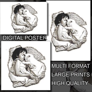 Großes Poster Verschiedene Formate - Schlafendes Kätzchen Mädchen | Bleistiftzeichnung | Schwarz-Weiß Kunst [AX11]