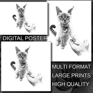 Pode incluir: Ilustração digital em preto e branco de um gato que estende uma pata em direção a uma mão. O texto "DIGITAL POSTER", "MULTI FORMAT", "LARGE PRINTS" e "HIGH QUALITY" é exibido abaixo da imagem.