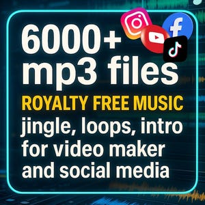 Może przedstawiać: Grafika cyfrowa z tekstem "6000+ mp3 files" i "ROYALTY FREE MUSIC" w kolorze białym i żółtym. Tekst zawiera również "jingle, loops, intro for video maker and social media". Ikony mediów społecznościowych znajdują się w prawym górnym rogu.