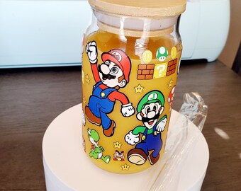 16oz Glass Can w/glass straw & bamboo lid-Mario Bros.