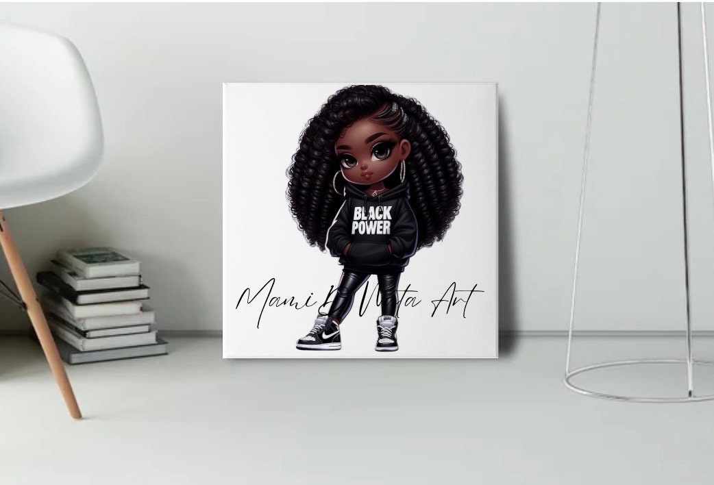 Black Beautiful Glamorous Curvy Chibi Style Woman, Wearing Hoodie black