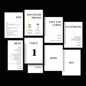 Plantilla moderna, minimalista, para bodas, menús, tarjetas de ubicación, números de mesa, portadas de votos, Canva