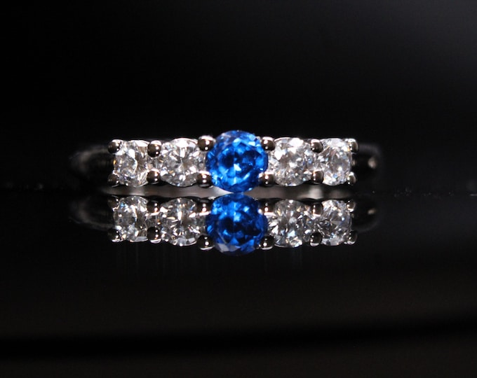 Featured listing image: Sapphire Blue & White Moissanite Promise Ring, Anniversary Gift,  14k White Gold. SKU 64-106