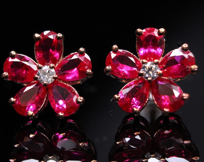 Featured listing image: Lab Ruby Flower Stud Earrings: 14k Rose Gold, Moissanite Center