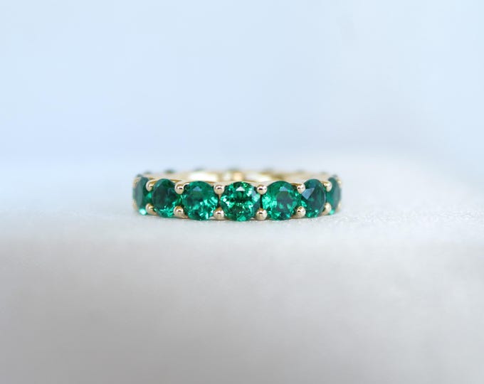 Featured listing image: 4.5mm Round Lab Grown Emerald Eternity Band, Matching Band, 18k Yellow Gold. SKU 64-102