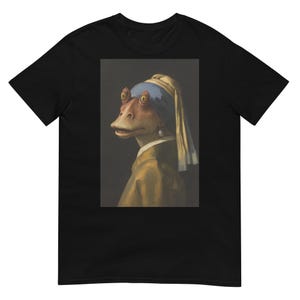 May include: Black t-shirt featuring a parody of Johannes Vermeer's "Girl with a Pearl Earring." The artwork replaces the girl with a Jar Jar Binks character wearing a pearl earring and a blue and yellow head covering.