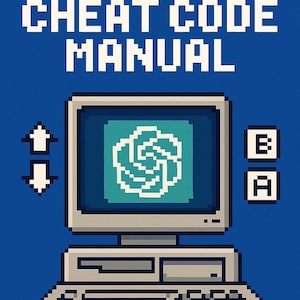 Może przedstawiać: Grafika w stylu retro na niebieskim tle z ekranem komputera z logo ChatGPT. Tekst "ChatGPT Cheat Code Manual" znajduje się nad ekranem. Strzałki w górę/w dół oraz przyciski "B" i "A" dopełniają projekt.