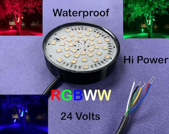 May include: A round, waterproof, high-power LED light with a 24-volt power supply. The light has a circular array of LEDs and is labeled "RGBWW".